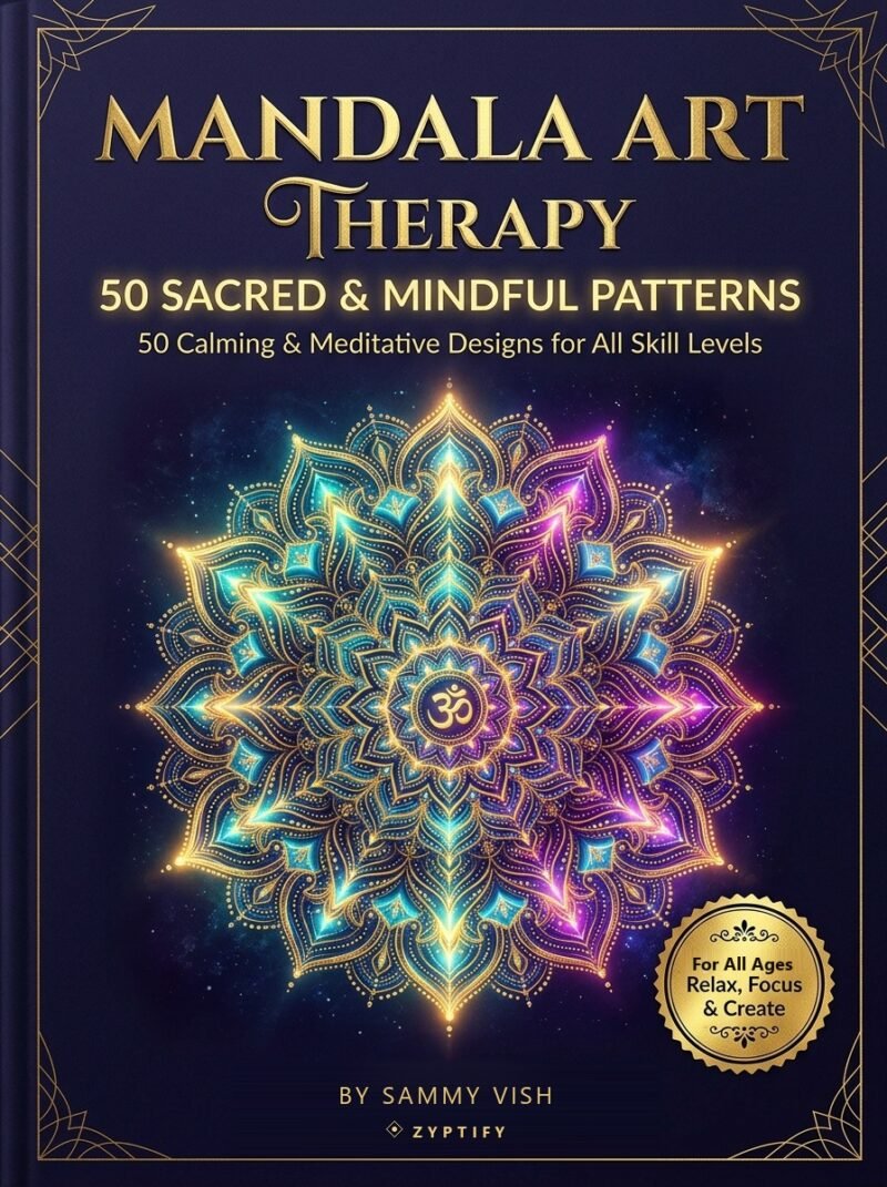 Mandala Art Therapy 50 Sacred and Mindful Patterns Printable PDF Book Front Cover by Sammy Vish Zyptify