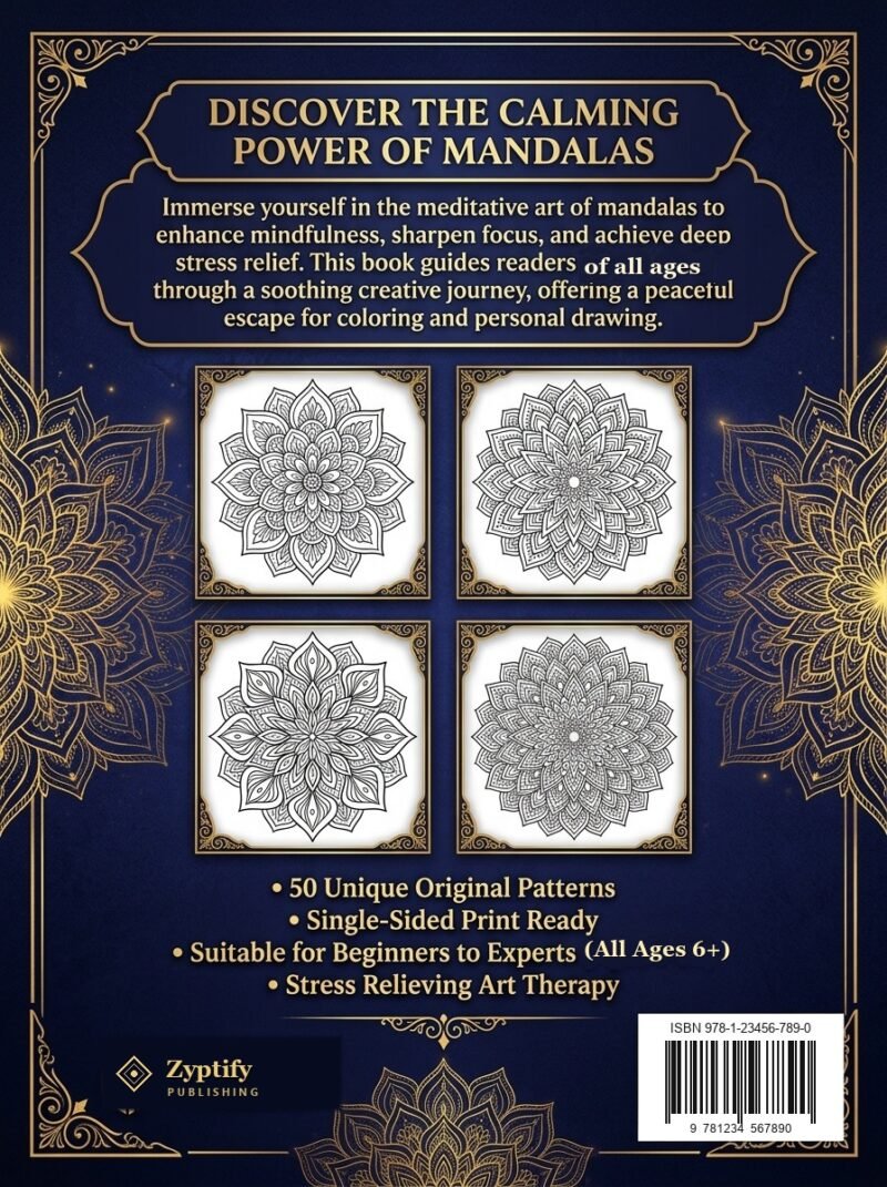 Mandala Art Therapy printable book back cover with clean ISBN barcode and Zyptify publishing imprint