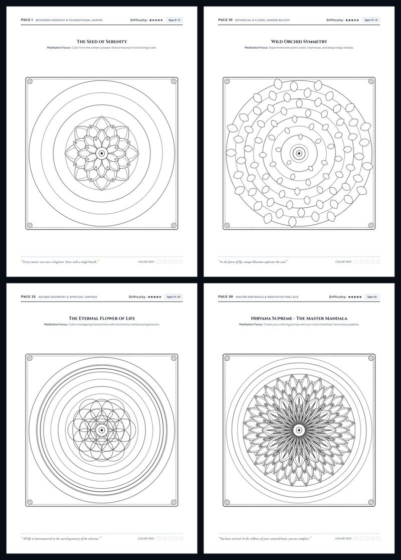 Mandala Art Therapy four sample coloring pages from beginner harmony to master zentangle lace