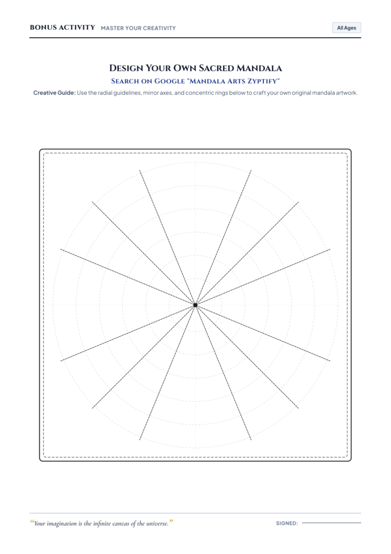 Design Your Own Sacred Mandala bonus drawing activity page with 16 ray guided symmetry grid
