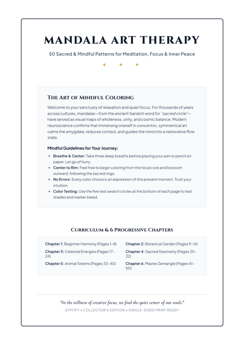 Mandala Art Therapy mindful coloring guide and 6 chapter curriculum overview